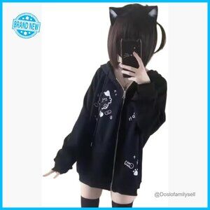 Oversized Zip-Up Hoodie Y2K Streetwear Cat Ear Kawaii Graphic Sweatshirt